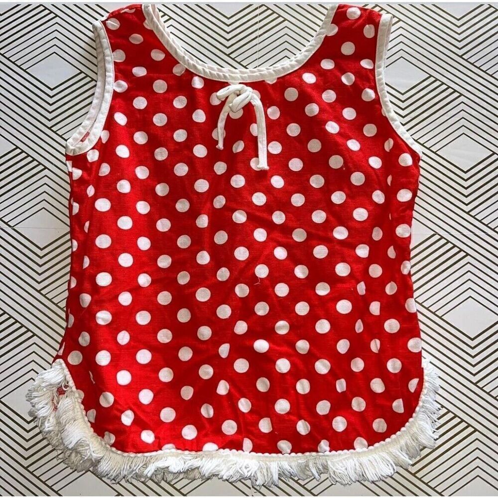 VTG Girls Size 5 Tank Top Polka Dot Red White  Fringe‎ Hem Cotton No Iron *